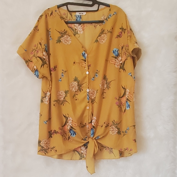 First Love Tops - 3/$20Mustard blouse with lovely floral design